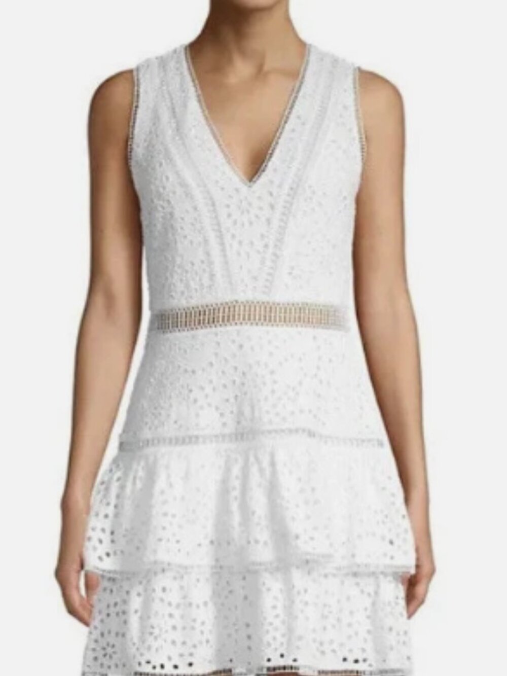✨ NWT Alice + Olivia "Tonie" White Embroidered Eyelet Tiered Mini Dress Size 10✨